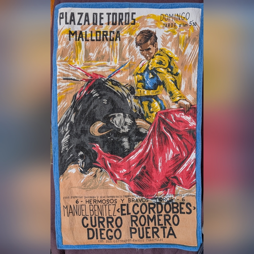 3/$50 Vintage Plaza de Toros Mallorca Matador Cotton Tea Towel - Red & Blue